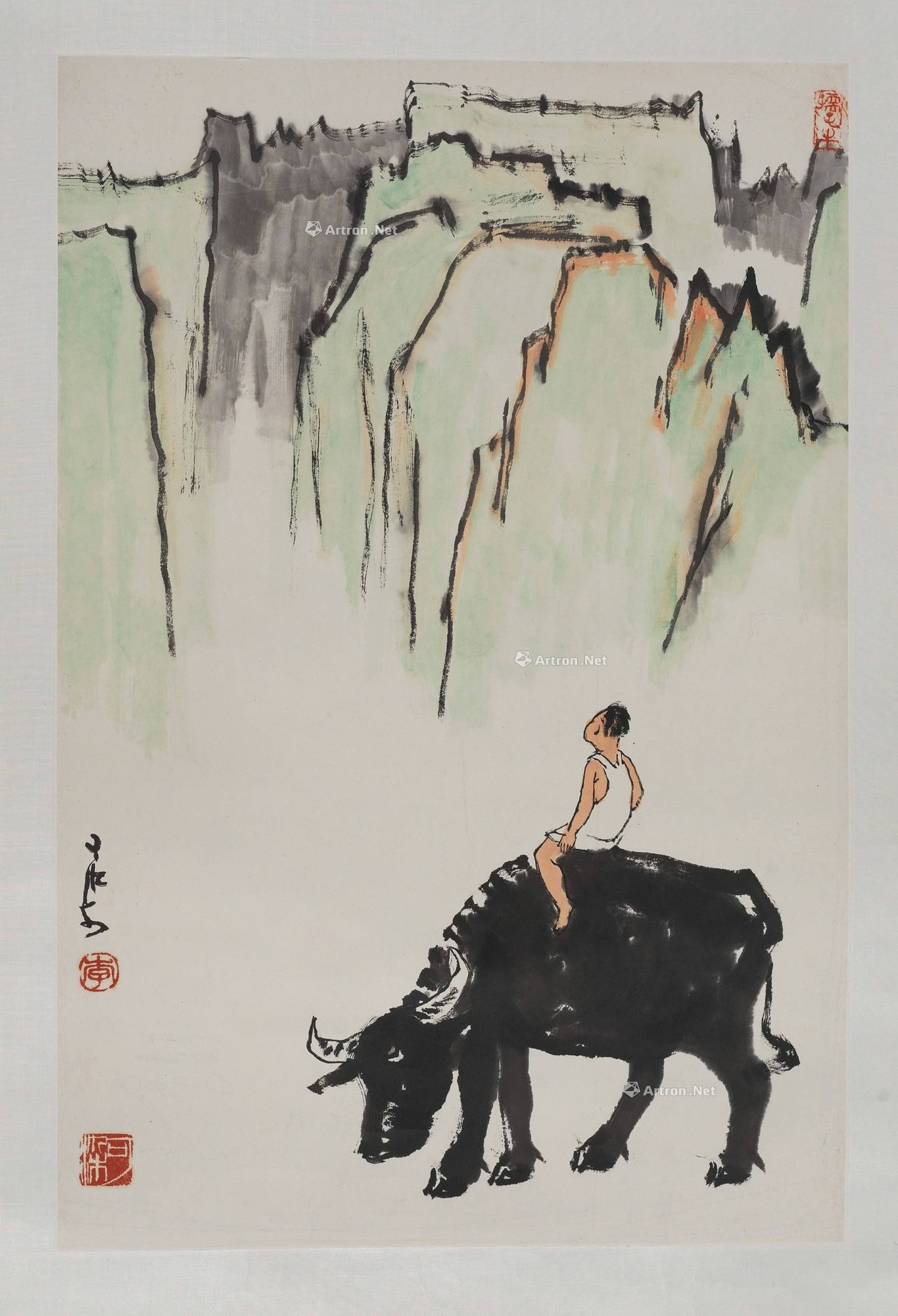中国古美術・純手描き牧牛図三尺画芯・水墨画・李可染印款・書道品・宣紙・带水印 中国古美術・純手描き牧牛図三尺画芯・水墨画・李可染印款・書道