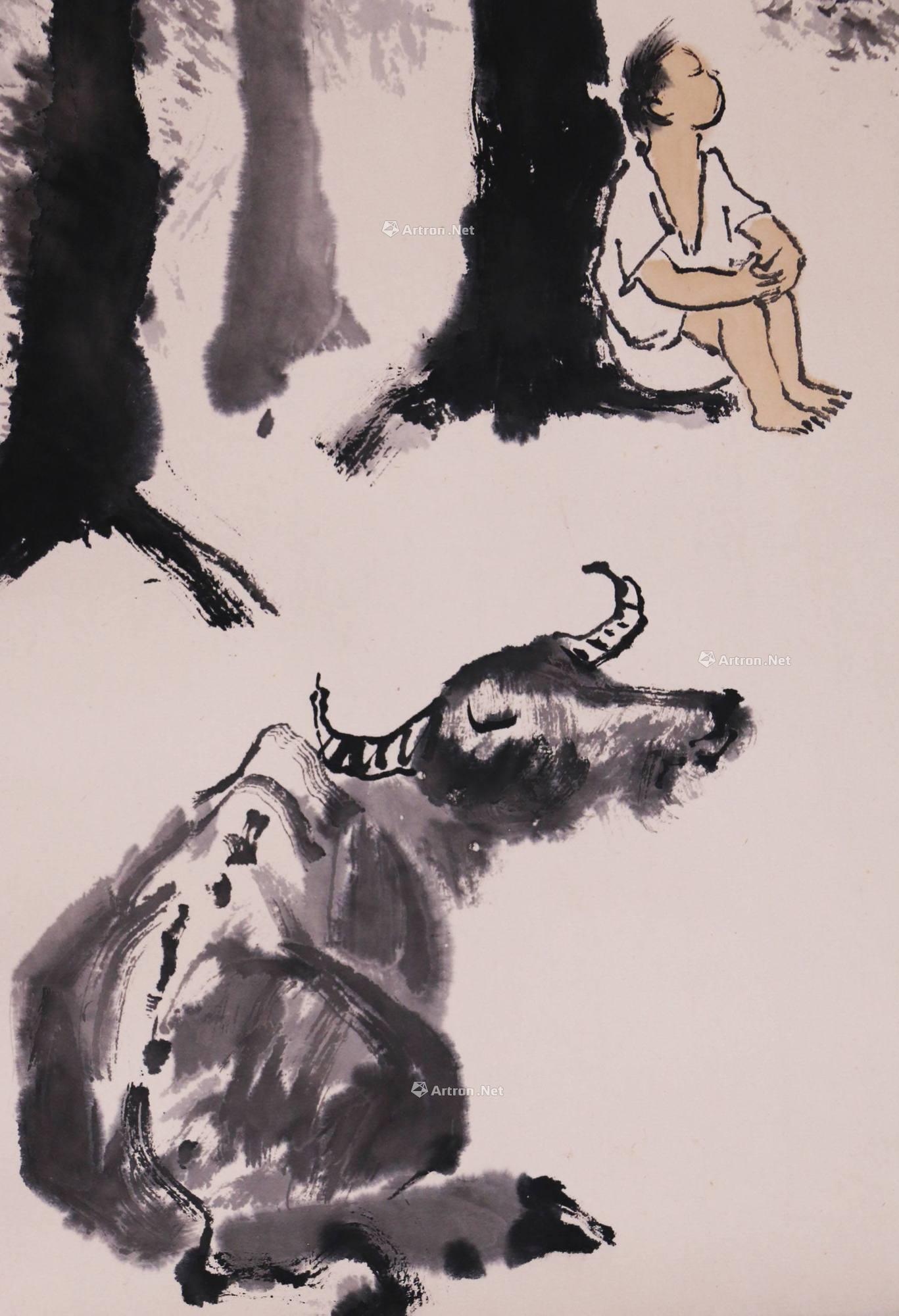中国古美術・純手描き牧牛図三尺画芯・水墨画・李可染印款・書道品・宣紙・带水印 李可染牧牛图立轴